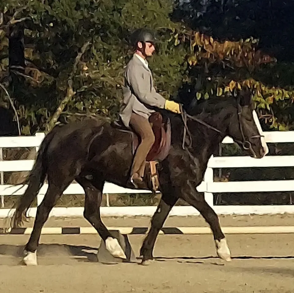 Student Jason riding his horse, Coyote, past the white arena fence