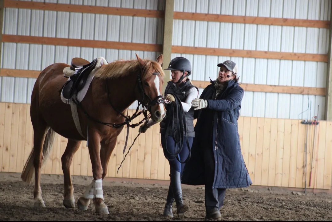 Tressa Boulden working with a rider and a chestnut horse at a clinic