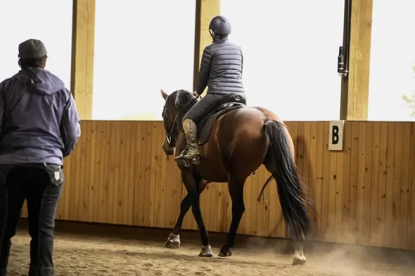 Marika trotting her mare Senja in an indoor arena during a lesson