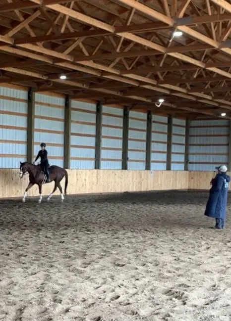 Morgan cantering a chestnut horse in a covered arena during a virtual lesson