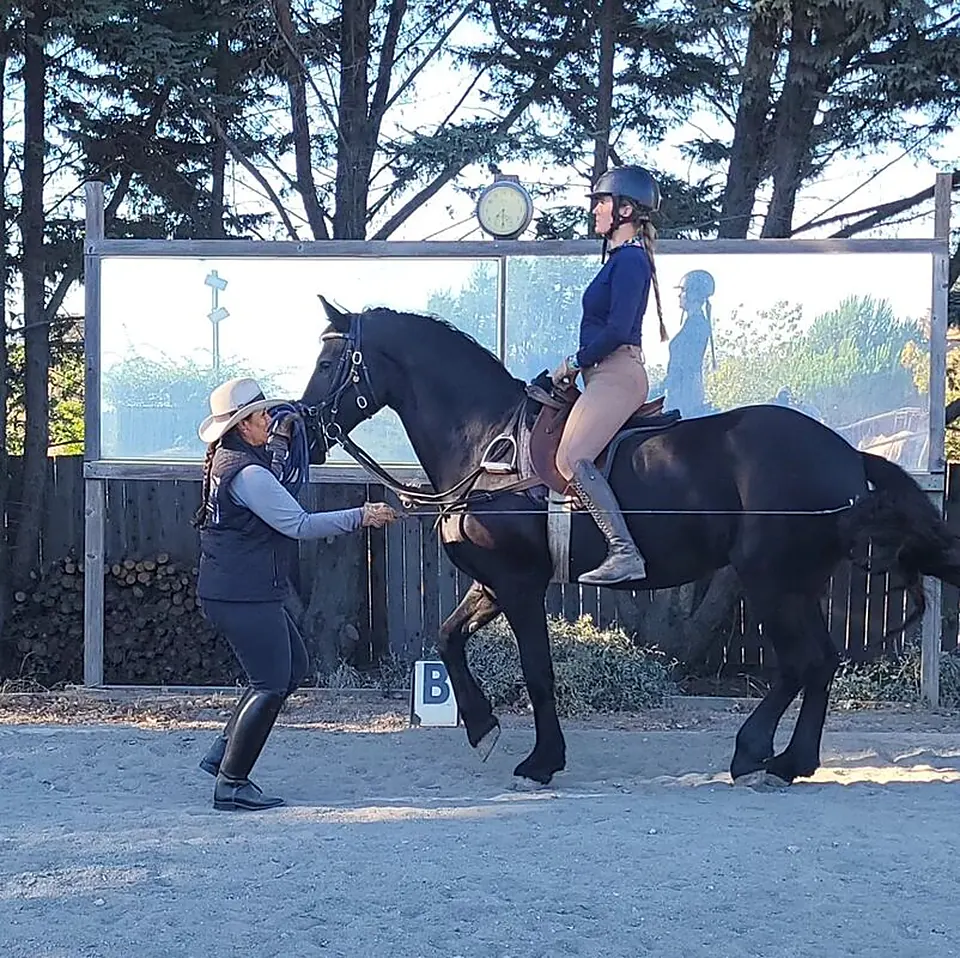 Tressa Boulden leading a black horse with a student in the saddle